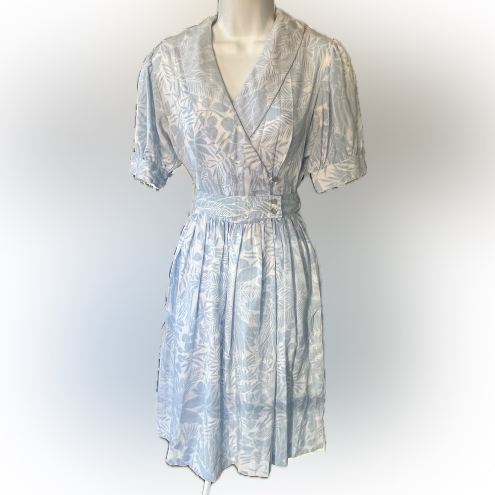 Vintage 1960s Light Blue Floral Wrap-Style Fit and Flare Dress